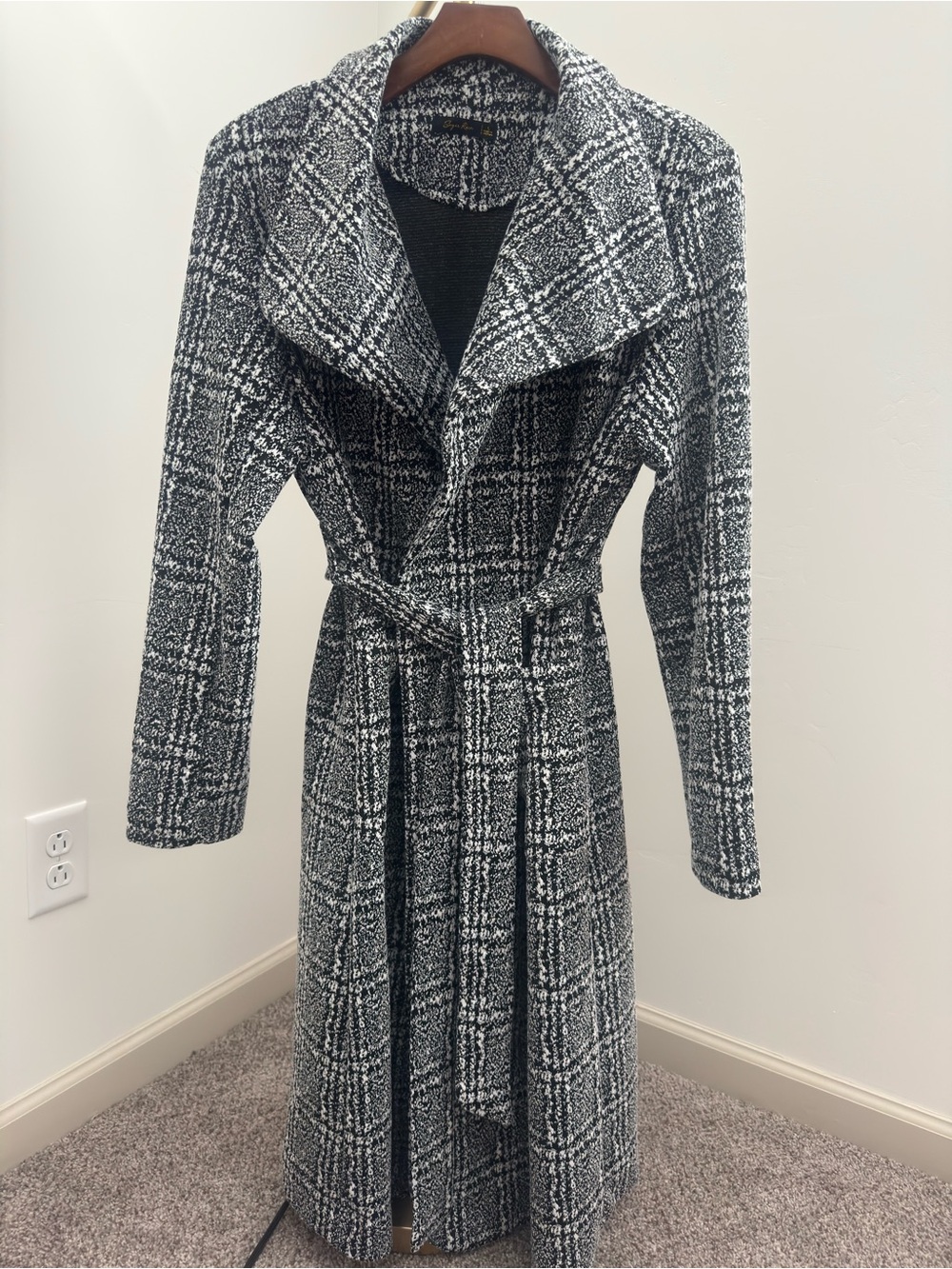 Womens Black & White Plaid Belted Trench Coat